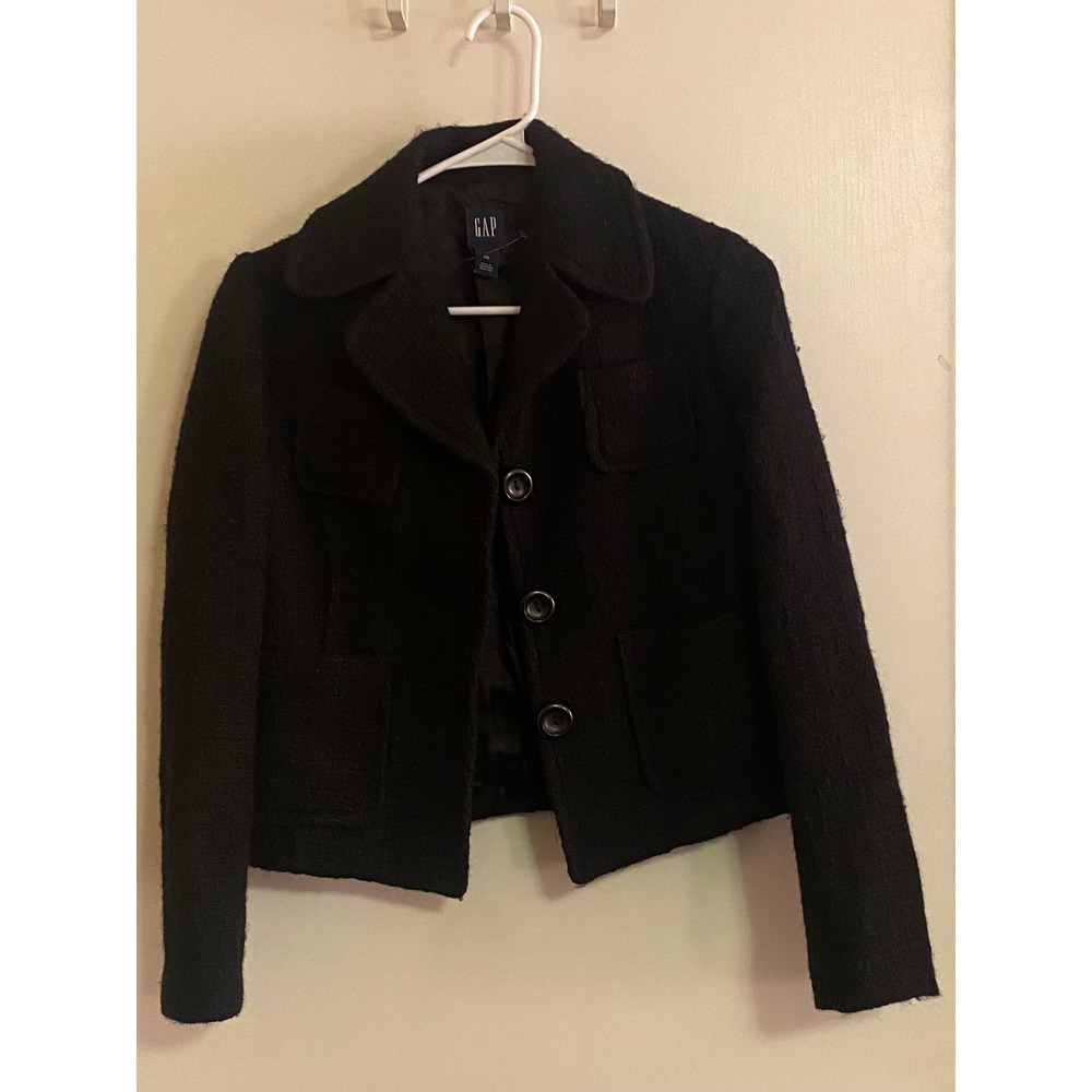 Gap Black Textured Wool Blend Cropped Jacket Blazer Martingale Back Women's XS